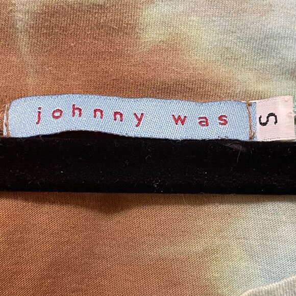 VTG JOHNNY WAS Turquoise and Brown Tie Dyed Cropped Raw Hem Tshirt Sz S - Picture 2 of 7
